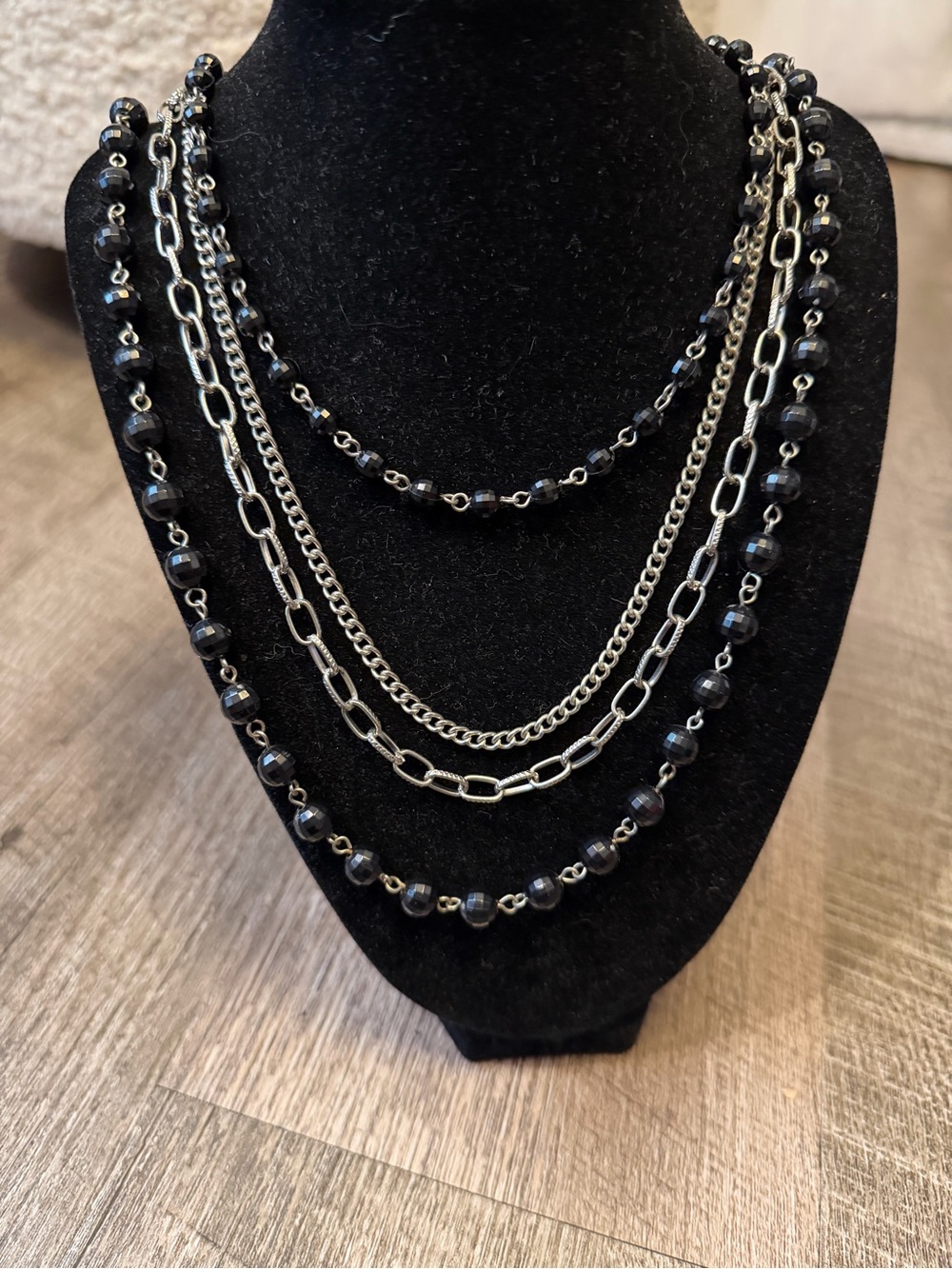Y2K Multi Strand Black Bead Silver Tone Chain Statement Necklace